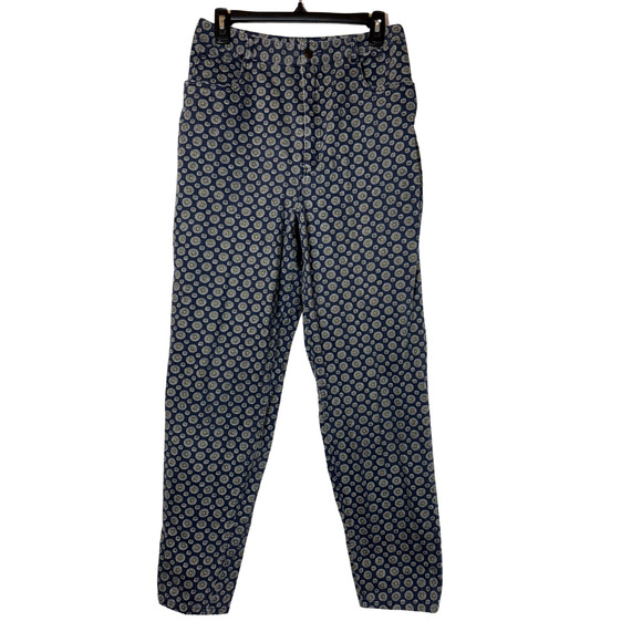 Talbots Womens Pants Navy Blue Geometric Floral Green Cotton 10 Trousers Tapered - Picture 1 of 14